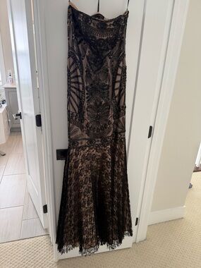 Sue Wong Nude Satin Evening Dress